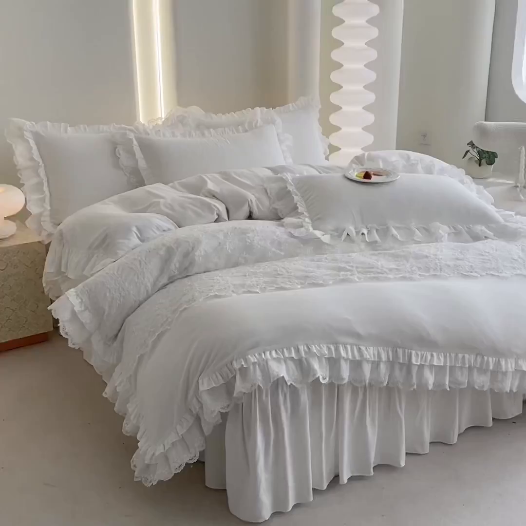 91家纺网 家纺一手货源 找家纺 乐卧家居 2026新款静奢老钱风精致蕾丝时尚花边繁花-奢华版系列四件套 繁花-奢华版白色