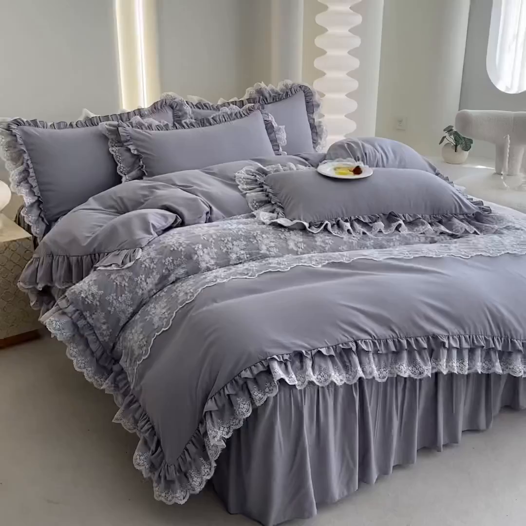 91家纺网 家纺一手货源 找家纺 乐卧家居 2026新款静奢老钱风精致蕾丝时尚花边繁花-奢华版系列四件套 繁花-奢华版灰色