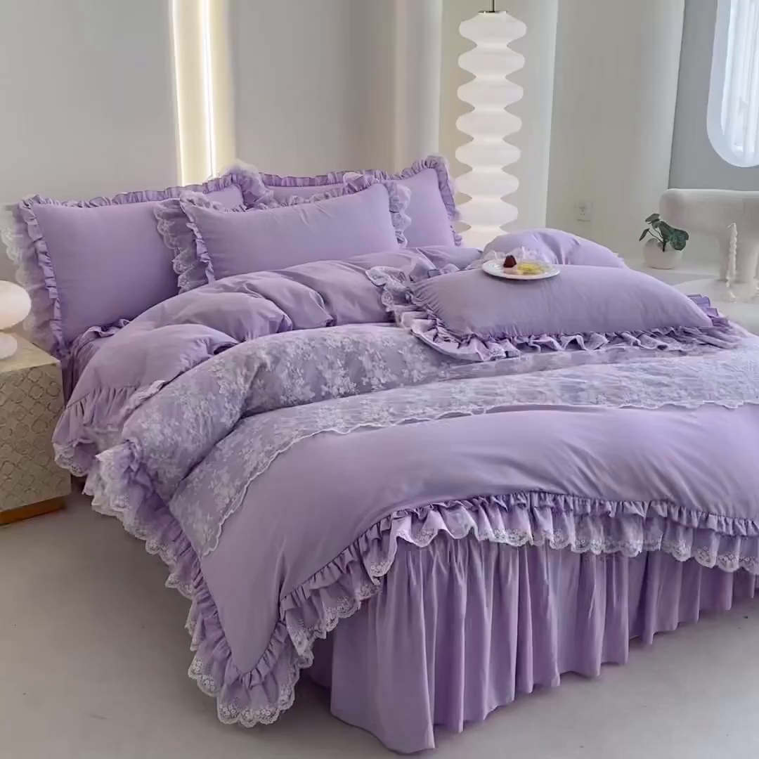 91家纺网 家纺一手货源 找家纺 乐卧家居 2026新款静奢老钱风精致蕾丝时尚花边繁花-奢华版系列四件套 繁花-奢华版紫色