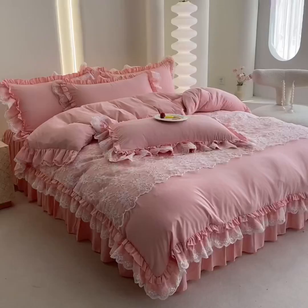 91家纺网 家纺一手货源 找家纺 乐卧家居 2026新款静奢老钱风精致蕾丝时尚花边繁花-奢华版系列四件套 繁花-奢华版粉色