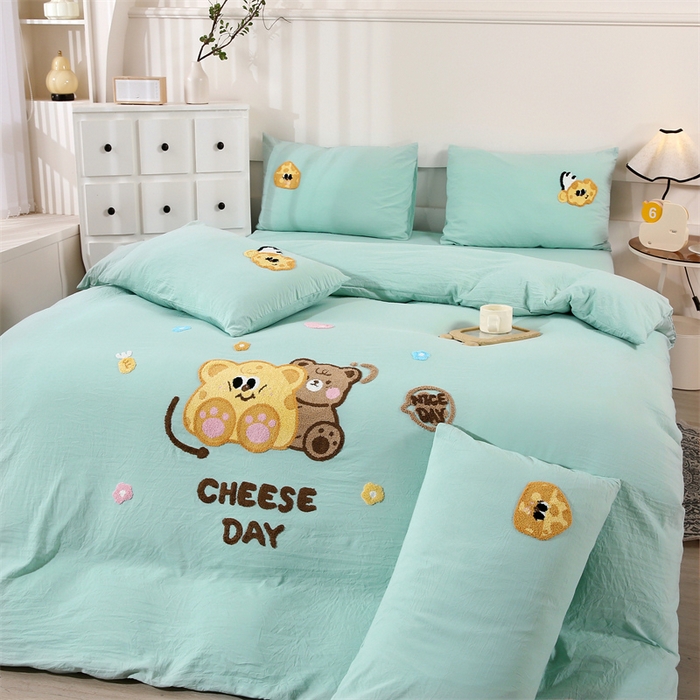 91家纺网 家纺一手货源 找家纺 （总）优米家纺 2025新款A类水洗棉毛巾绣四件套-奶酪小熊