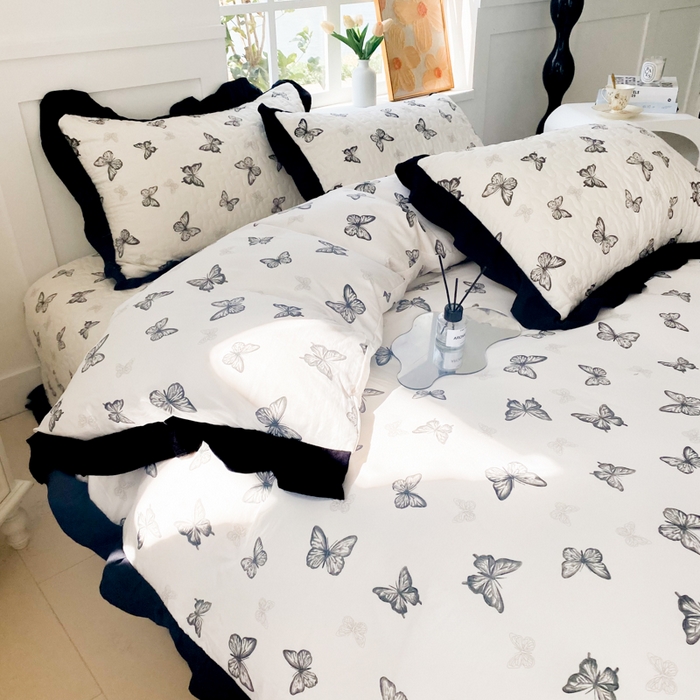 91家纺网 家纺一手货源 找家纺 佳品居 2025新款A类水洗棉夹棉夏被床盖四件套-赫本风 赫本风-蝴蝶印记