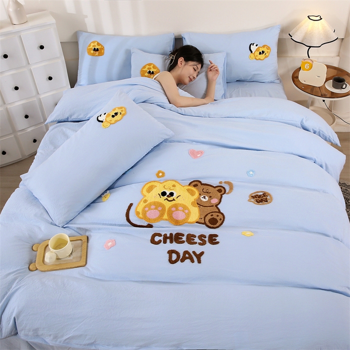 91家纺网 家纺一手货源 找家纺 （总）优米家纺 2025新款A类水洗棉毛巾绣四件套-奶酪小熊