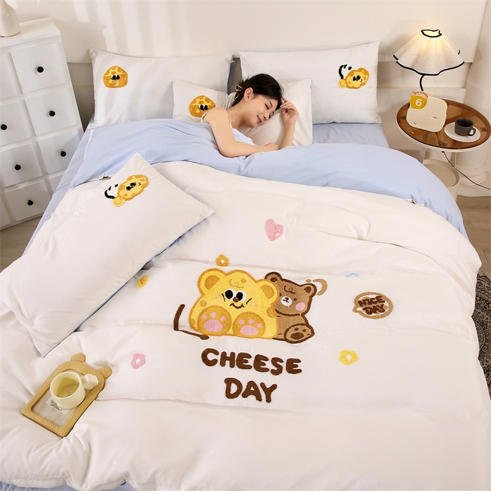 91家纺网 家纺一手货源 找家纺 （总）优米家纺 2025新款A类水洗棉毛巾绣四件套-奶酪小熊