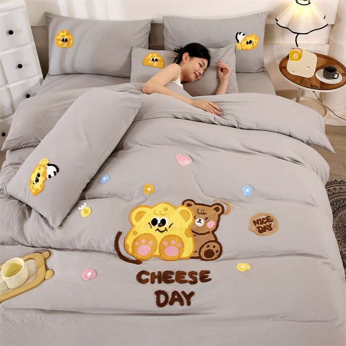 优米家纺 2025新款A类水洗棉毛巾绣四件套-奶酪小熊 奶酪小熊-绅士灰