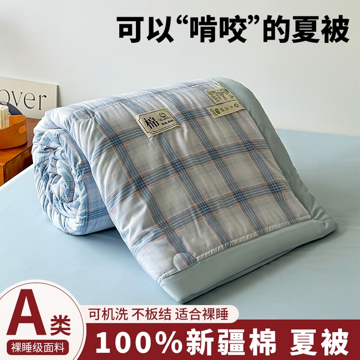 91家纺网 家纺一手货源 找家纺 优尚家纺 2025新款水洗棉棉花夏被 无印风系列-蓝韵格