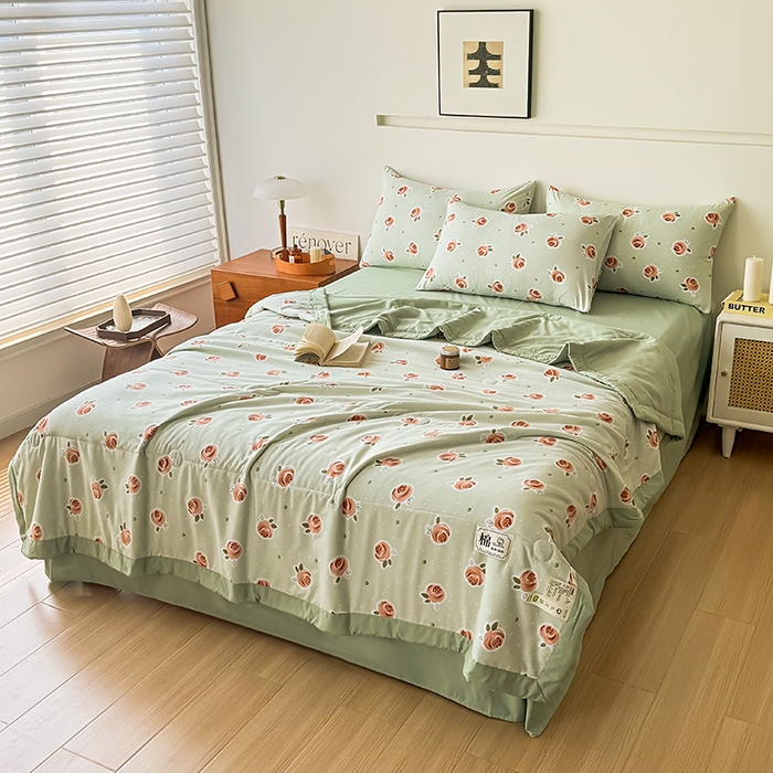 91家纺网 家纺一手货源 找家纺 优尚家纺 2025新款水洗棉棉花夏被 花卉清新系列-浅夏玫瑰