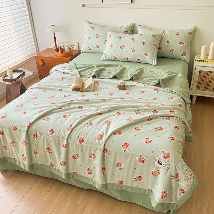 91家纺网 家纺一手货源 找家纺 优尚家纺 2025新款水洗棉棉花夏被 花卉清新系列-浅夏玫瑰