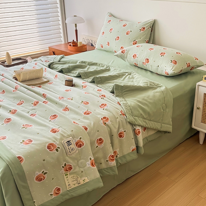 91家纺网 家纺一手货源 找家纺 优尚家纺 2025新款水洗棉棉花夏被 花卉清新系列-浅夏玫瑰