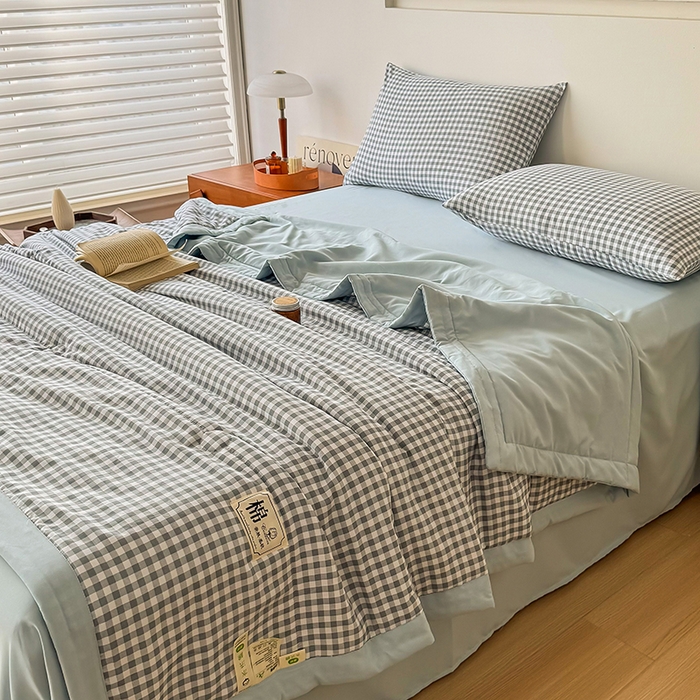 91家纺网 家纺一手货源 找家纺 优尚家纺 2025新款水洗棉棉花夏被 无印风系列-蓝小格