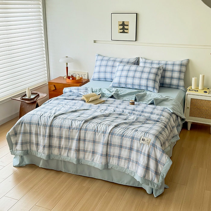 91家纺网 家纺一手货源 找家纺 优尚家纺 2025新款水洗棉棉花夏被 无印风系列-蓝韵格