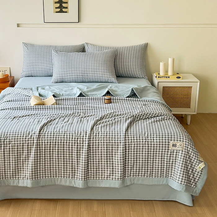 91家纺网 家纺一手货源 找家纺 优尚家纺 2025新款水洗棉棉花夏被 无印风系列-蓝小格