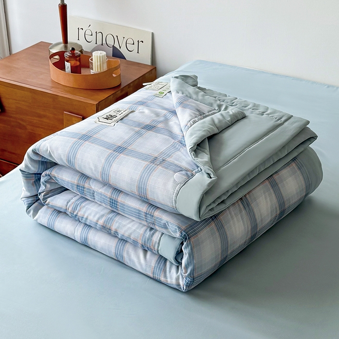91家纺网 家纺一手货源 找家纺 优尚家纺 2025新款水洗棉棉花夏被 无印风系列-蓝韵格