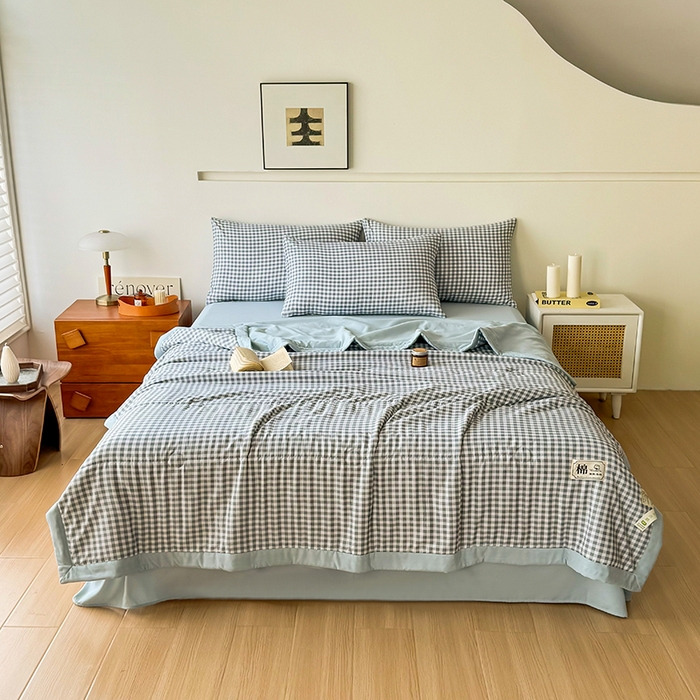 91家纺网 家纺一手货源 找家纺 优尚家纺 2025新款水洗棉棉花夏被 无印风系列-蓝小格
