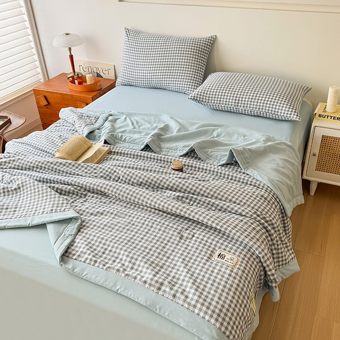 91家纺网 家纺一手货源 找家纺 优尚家纺 2025新款水洗棉棉花夏被 无印风系列-蓝小格