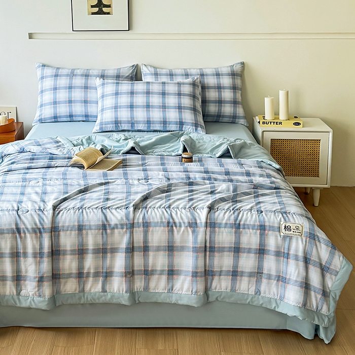 91家纺网 家纺一手货源 找家纺 优尚家纺 2025新款水洗棉棉花夏被 无印风系列-蓝韵格