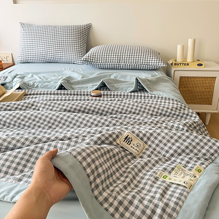 91家纺网 家纺一手货源 找家纺 优尚家纺 2025新款水洗棉棉花夏被 无印风系列-蓝小格