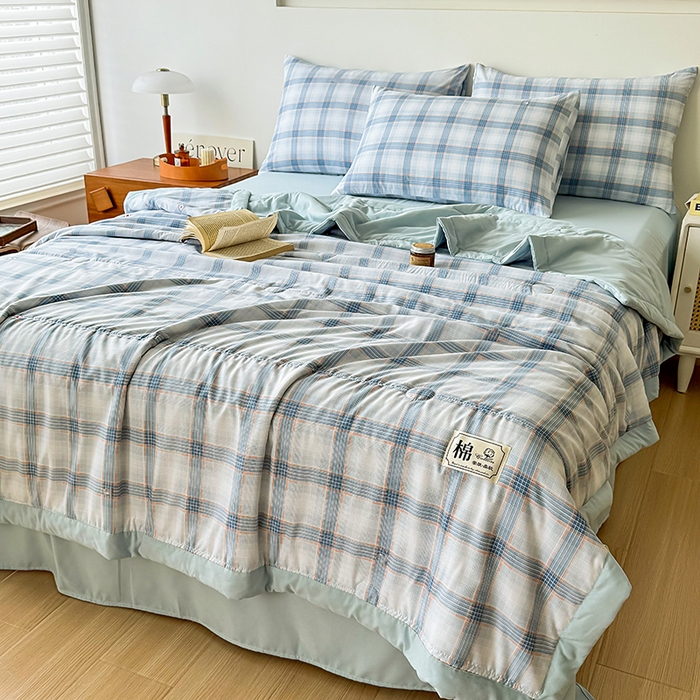 91家纺网 家纺一手货源 找家纺 优尚家纺 2025新款水洗棉棉花夏被 无印风系列-蓝韵格