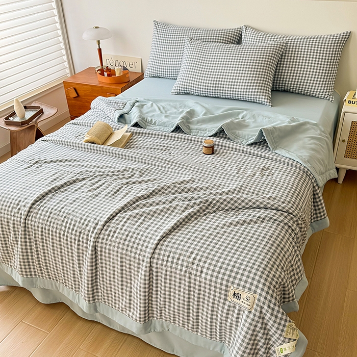 91家纺网 家纺一手货源 找家纺 优尚家纺 2025新款水洗棉棉花夏被 无印风系列-蓝小格