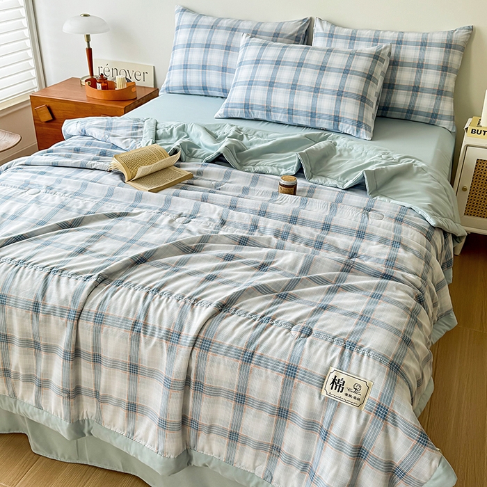 91家纺网 家纺一手货源 找家纺 优尚家纺 2025新款水洗棉棉花夏被 无印风系列-蓝韵格