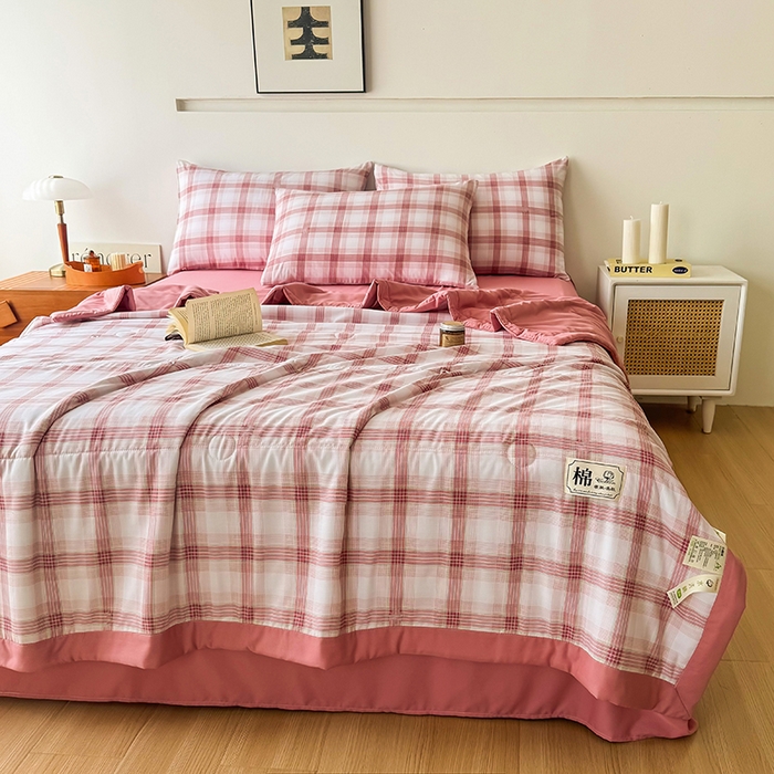 91家纺网 家纺一手货源 找家纺 优尚家纺 2025新款水洗棉棉花夏被 无印风系列-粉韵格