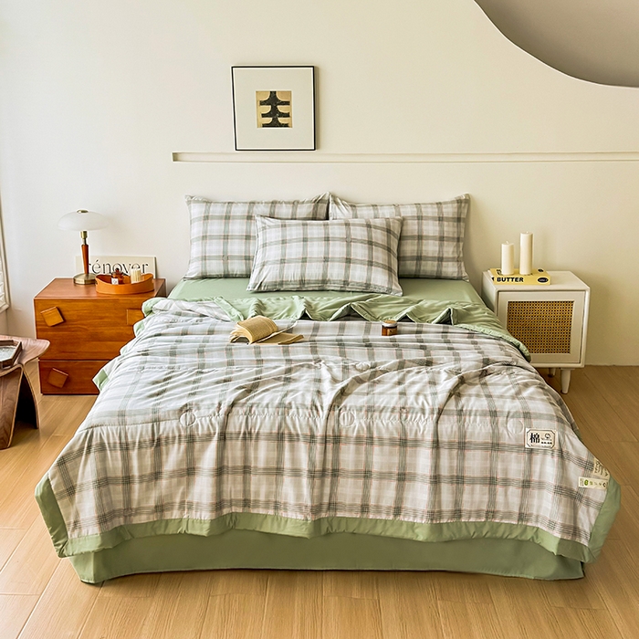 91家纺网 家纺一手货源 找家纺 优尚家纺 2025新款水洗棉棉花夏被 无印风系列-绿韵格
