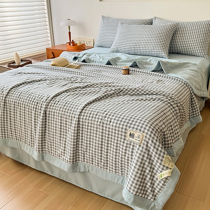 91家纺网 家纺一手货源 找家纺 优尚家纺 2025新款水洗棉棉花夏被 无印风系列-蓝小格