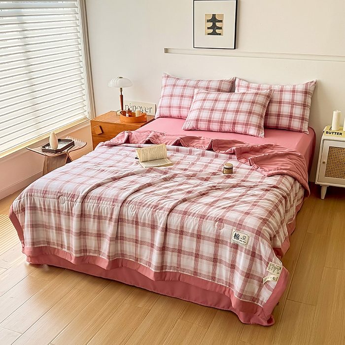 91家纺网 家纺一手货源 找家纺 优尚家纺 2025新款水洗棉棉花夏被 无印风系列-粉韵格