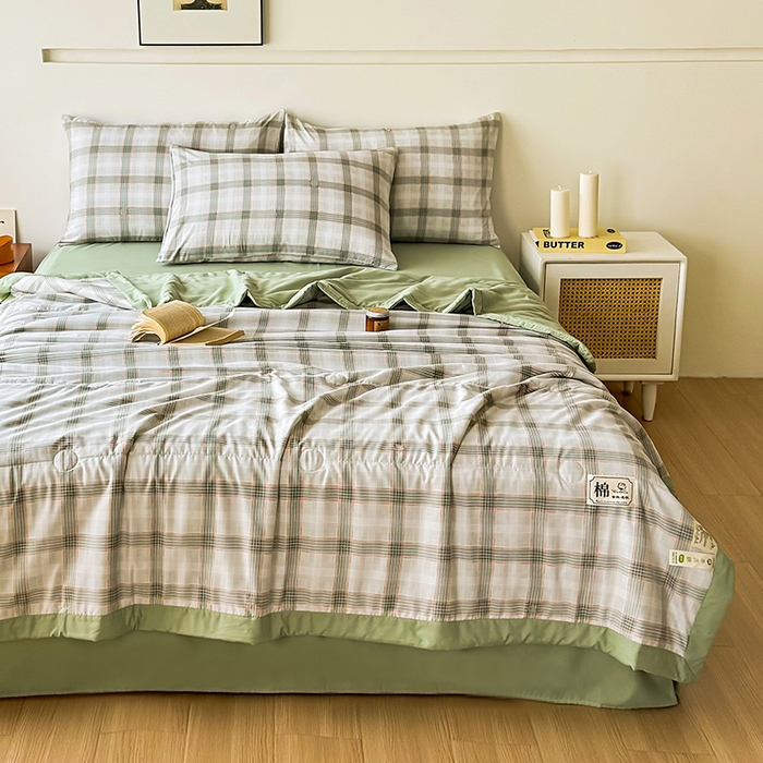 91家纺网 家纺一手货源 找家纺 优尚家纺 2025新款水洗棉棉花夏被 无印风系列-绿韵格