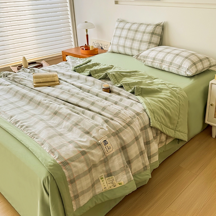 91家纺网 家纺一手货源 找家纺 优尚家纺 2025新款水洗棉棉花夏被 无印风系列-绿韵格