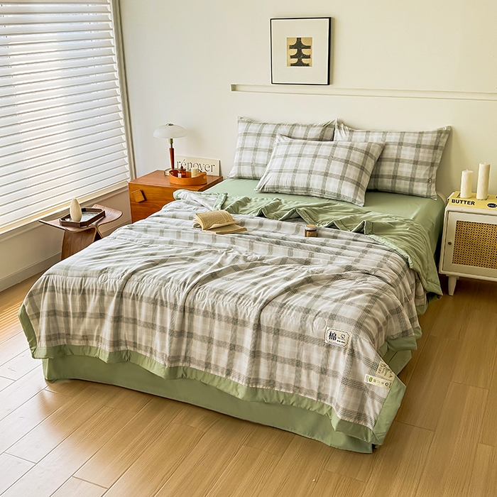 91家纺网 家纺一手货源 找家纺 优尚家纺 2025新款水洗棉棉花夏被 无印风系列-绿韵格