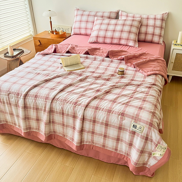 91家纺网 家纺一手货源 找家纺 优尚家纺 2025新款水洗棉棉花夏被 无印风系列-粉韵格