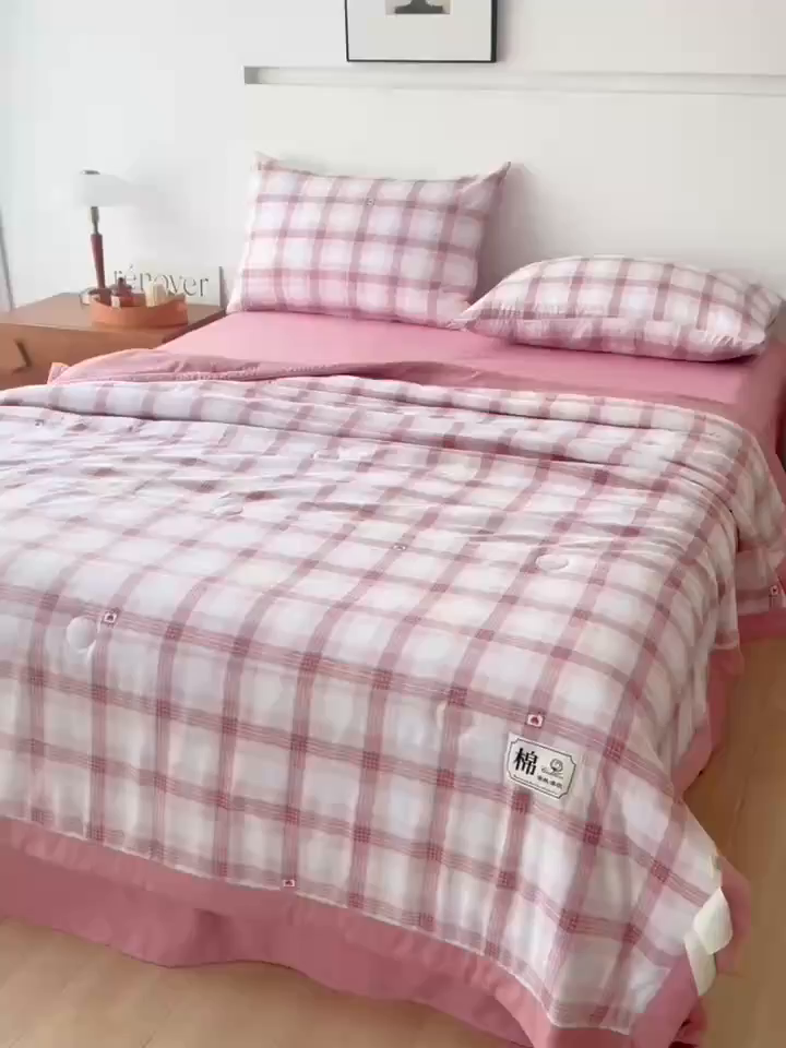 91家纺网 家纺一手货源 找家纺 优尚家纺 2025新款水洗棉棉花夏被 无印风系列-粉韵格