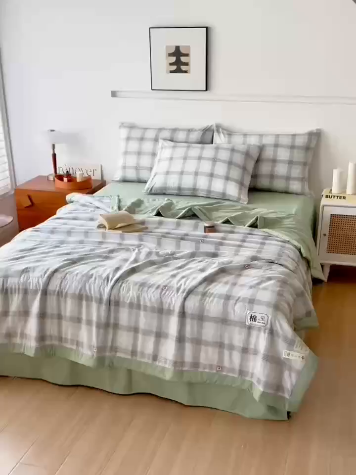 91家纺网 家纺一手货源 找家纺 优尚家纺 2025新款水洗棉棉花夏被 无印风系列-绿韵格