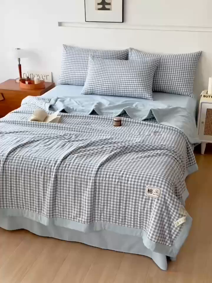 91家纺网 家纺一手货源 找家纺 优尚家纺 2025新款水洗棉棉花夏被 无印风系列-蓝小格