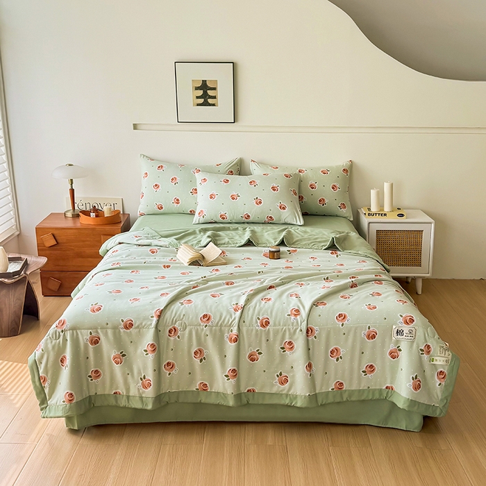 91家纺网 家纺一手货源 找家纺 优尚家纺 2025新款水洗棉棉花夏被 花卉清新系列-浅夏玫瑰