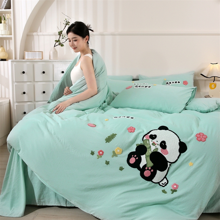 91家纺网 家纺一手货源 找家纺 （总）优米家纺 2025新款A类水洗棉毛巾绣四件套-熊猫