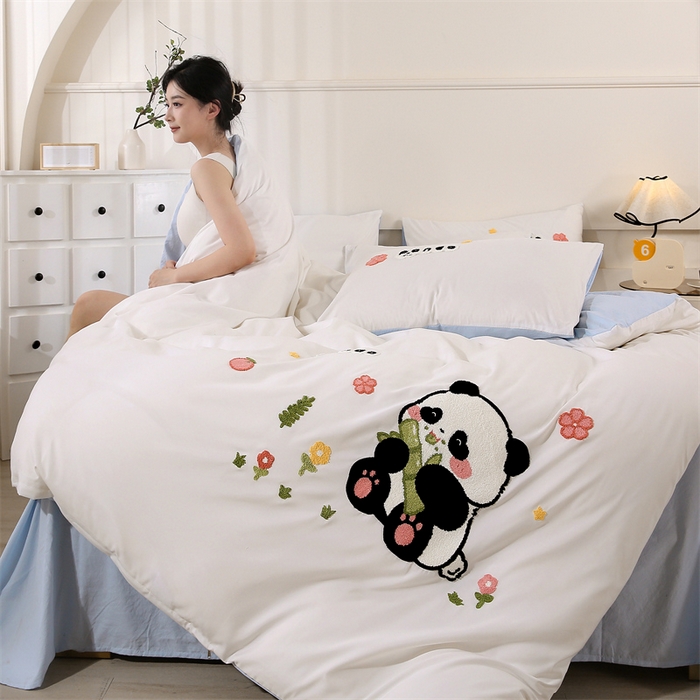 优米家纺 2025新款A类水洗棉毛巾绣四件套-熊猫 熊猫-月光白