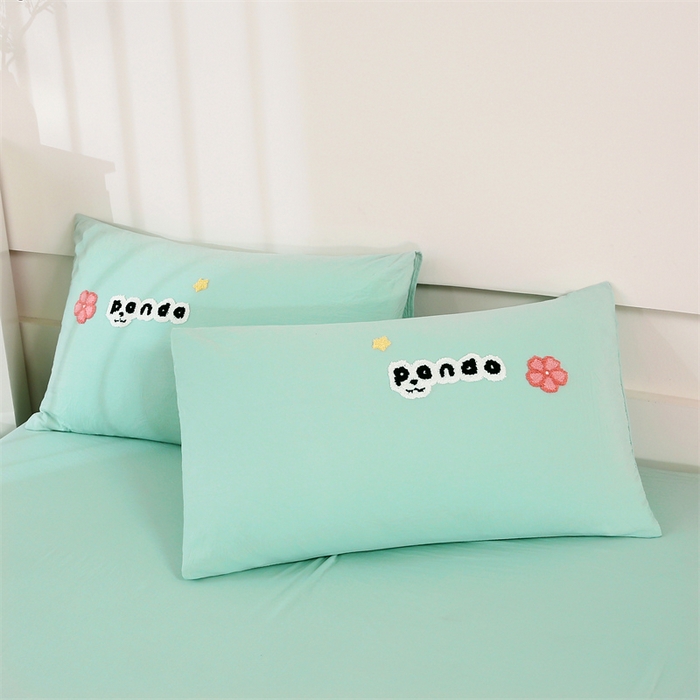 91家纺网 家纺一手货源 找家纺 优米家纺 2025新款A类水洗棉毛巾绣四件套-熊猫 熊猫-青草绿