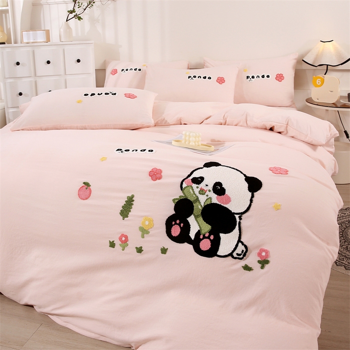 91家纺网 家纺一手货源 找家纺 优米家纺 2025新款A类水洗棉毛巾绣四件套-熊猫 熊猫-柔情玉