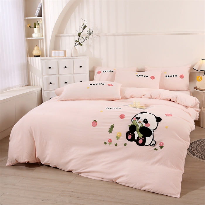 91家纺网 家纺一手货源 找家纺 优米家纺 2025新款A类水洗棉毛巾绣四件套-熊猫 熊猫-柔情玉