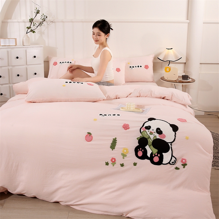 91家纺网 家纺一手货源 找家纺 优米家纺 2025新款A类水洗棉毛巾绣四件套-熊猫 熊猫-柔情玉