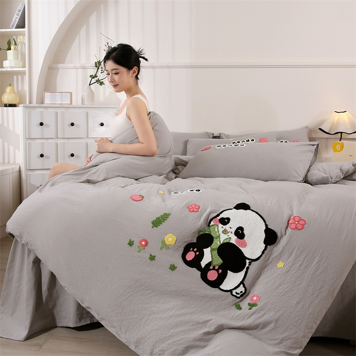 优米家纺 2025新款A类水洗棉毛巾绣四件套-熊猫 熊猫-绅士灰