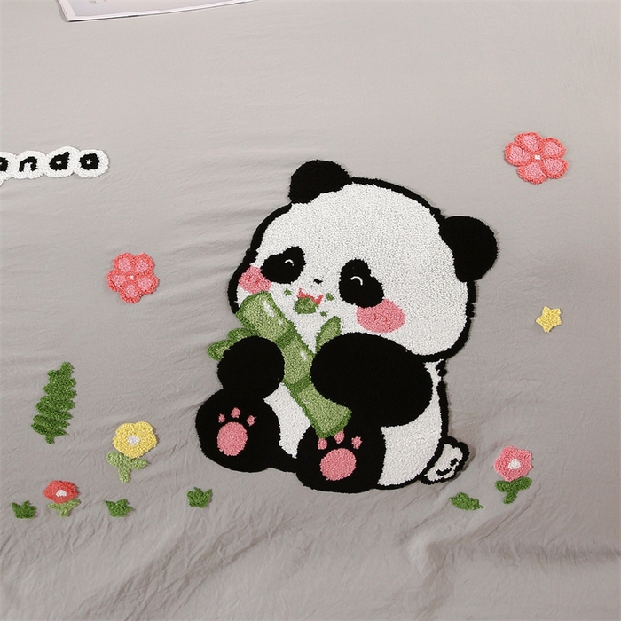 91家纺网 家纺一手货源 找家纺 优米家纺 2025新款A类水洗棉毛巾绣四件套-熊猫 熊猫-绅士灰