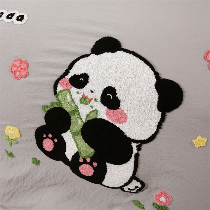 91家纺网 家纺一手货源 找家纺 优米家纺 2025新款A类水洗棉毛巾绣四件套-熊猫 熊猫-绅士灰