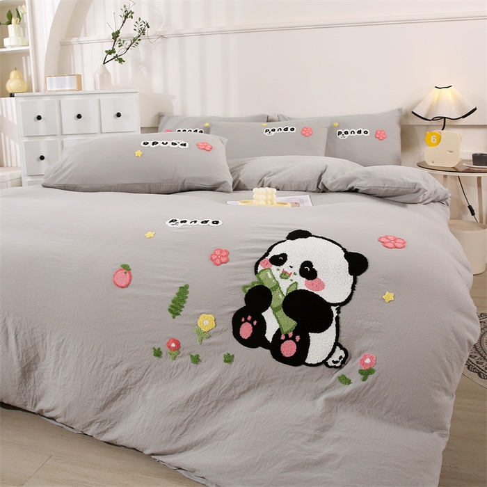 91家纺网 家纺一手货源 找家纺 优米家纺 2025新款A类水洗棉毛巾绣四件套-熊猫 熊猫-绅士灰