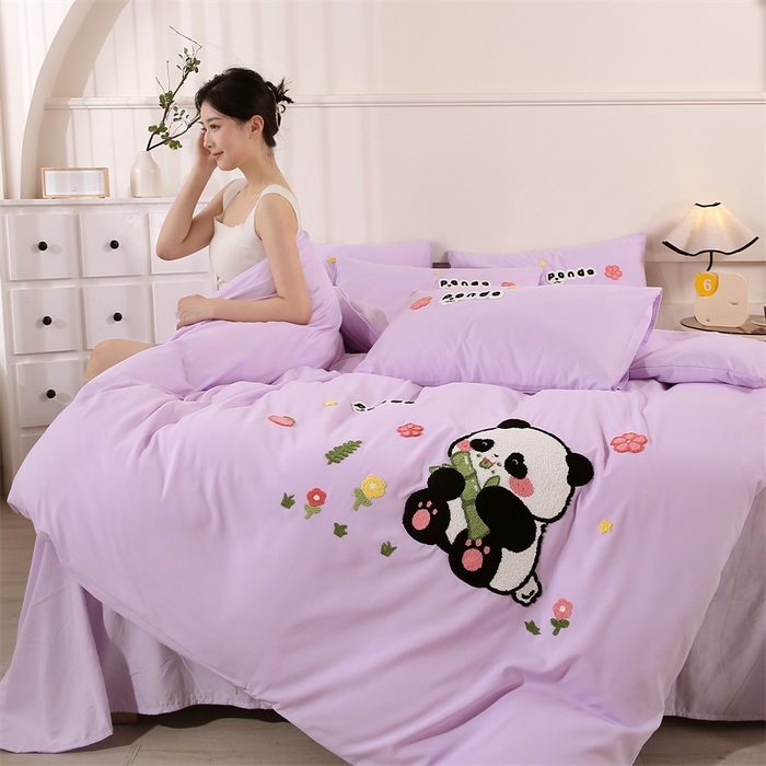 优米家纺 2025新款A类水洗棉毛巾绣四件套-熊猫 熊猫-神秘紫