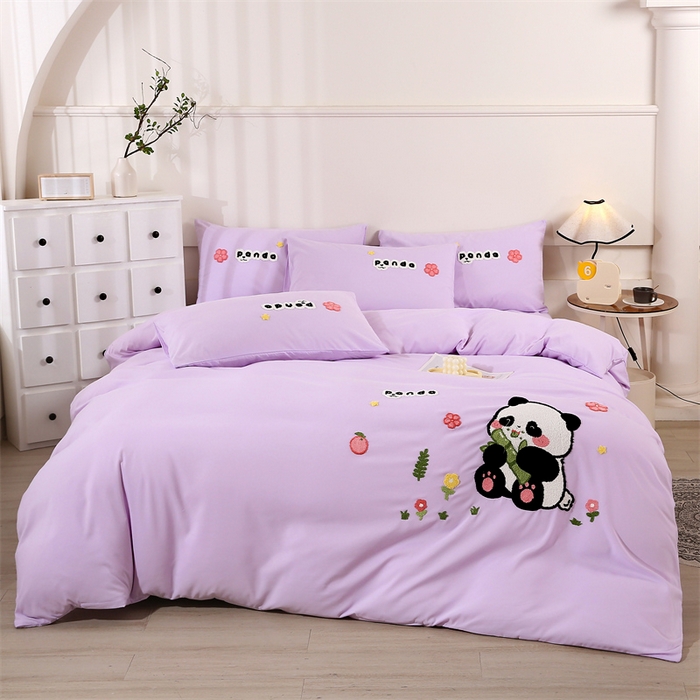 91家纺网 家纺一手货源 找家纺 优米家纺 2025新款A类水洗棉毛巾绣四件套-熊猫 熊猫-神秘紫