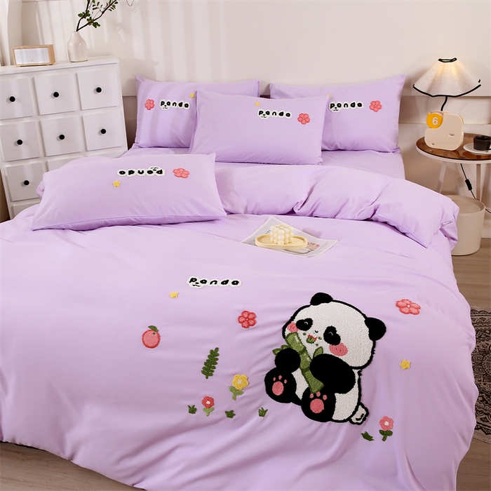 91家纺网 家纺一手货源 找家纺 优米家纺 2025新款A类水洗棉毛巾绣四件套-熊猫 熊猫-神秘紫