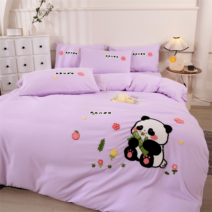 91家纺网 家纺一手货源 找家纺 优米家纺 2025新款A类水洗棉毛巾绣四件套-熊猫 熊猫-神秘紫